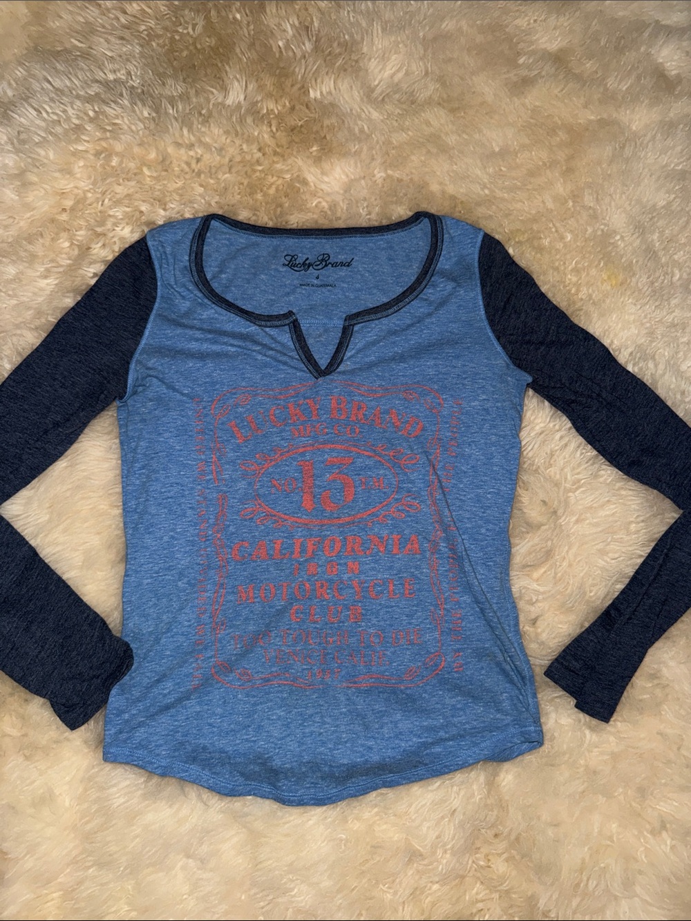 Lucky Brand Blue Heather & Navy Long Sleeve Graphic Tee Small